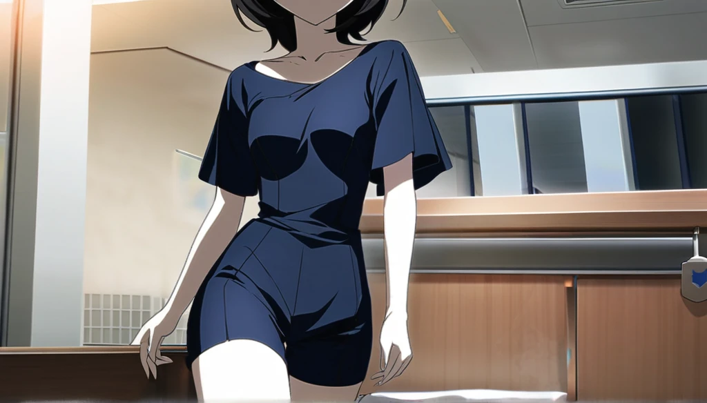 (Anime Infinite Stratus Art, 8k, ultra full high definition, epic quality, epic texture). The theme is hospital hygiene.  The setting is a hospital room, very detailed.  There is a woman, Brazilian, her name is Regina, she is 51 years old, very short(tall:150cm), she has very long black hair, she has a beautiful face, some expression lines due to her age, light brown eyes, white skin, very thin, narrow chest, small breasts, very thin waist, narrow hips, small and round butt, slender legs, she works with hygiene, wears a very tight navy blue jumpsuit with short sleeves, she is wearing black hygiene boots, she is sensual and cheerful, she leaves men enchanted.  the atmosphere is calm and sensual.