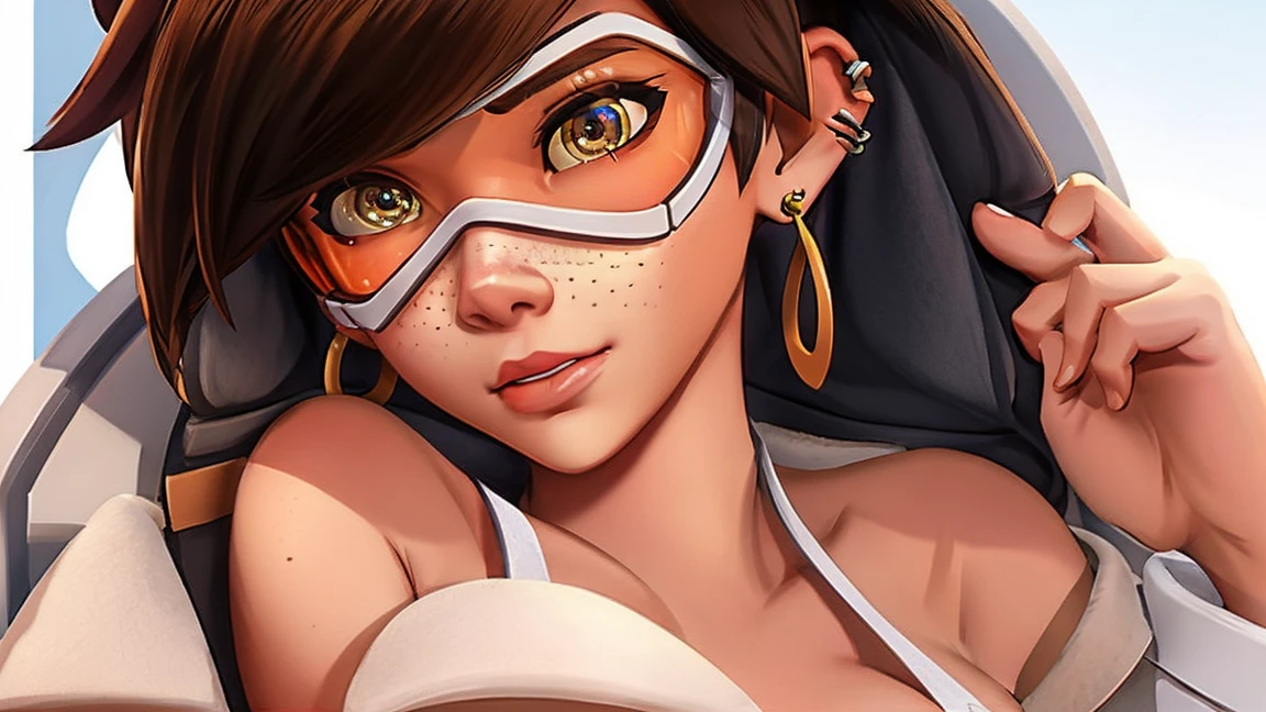 VHS cover for a porn starring tracer. hoop-earings. biting her lip. naked. nude. slut. small_boobs. freckles. pornstar nsfw. full_body_view.