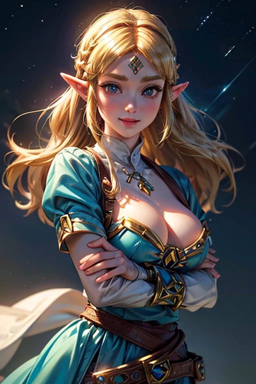 ((Highest quality、masterpiece、8K))、Anatomically correct、Very detailed、High resolution、Realistic、Young face、Beautiful white skin、((Beautiful, starry, almond-shaped, detailed eyes))、Well-formed nose bridge、Intricate details、Cinematic lighting、((Super Breasts 1.4))、((Dynamic composition))、((Beautiful, shiny blonde hair))、Medium Hair、((Princess Zelda))、Cloudless blue sky、Fighting Princess、Archaic Smile、Meow meow