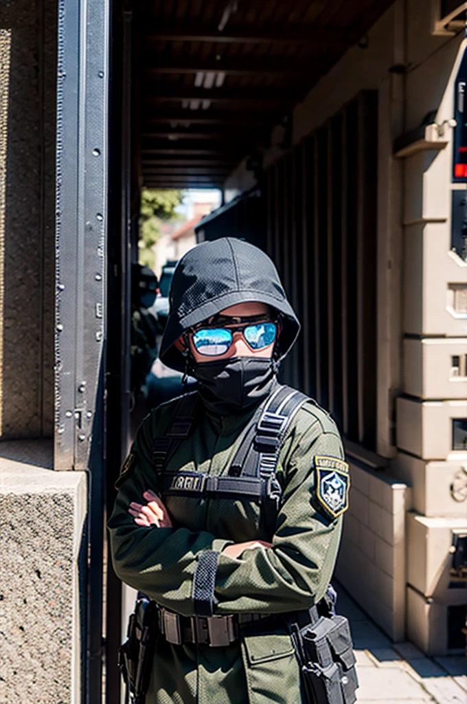 Soldado do AND.a.AND, in black camouflage uniform, near an armored vehicle