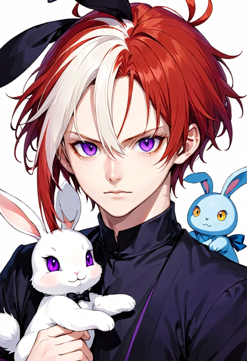 masculine,reddish red hair, with one pupil purple and the other blue,next to white eyelashes,pale skin,with floppy bunny ears and a bunny tail,al estilo jujutsu kaisen