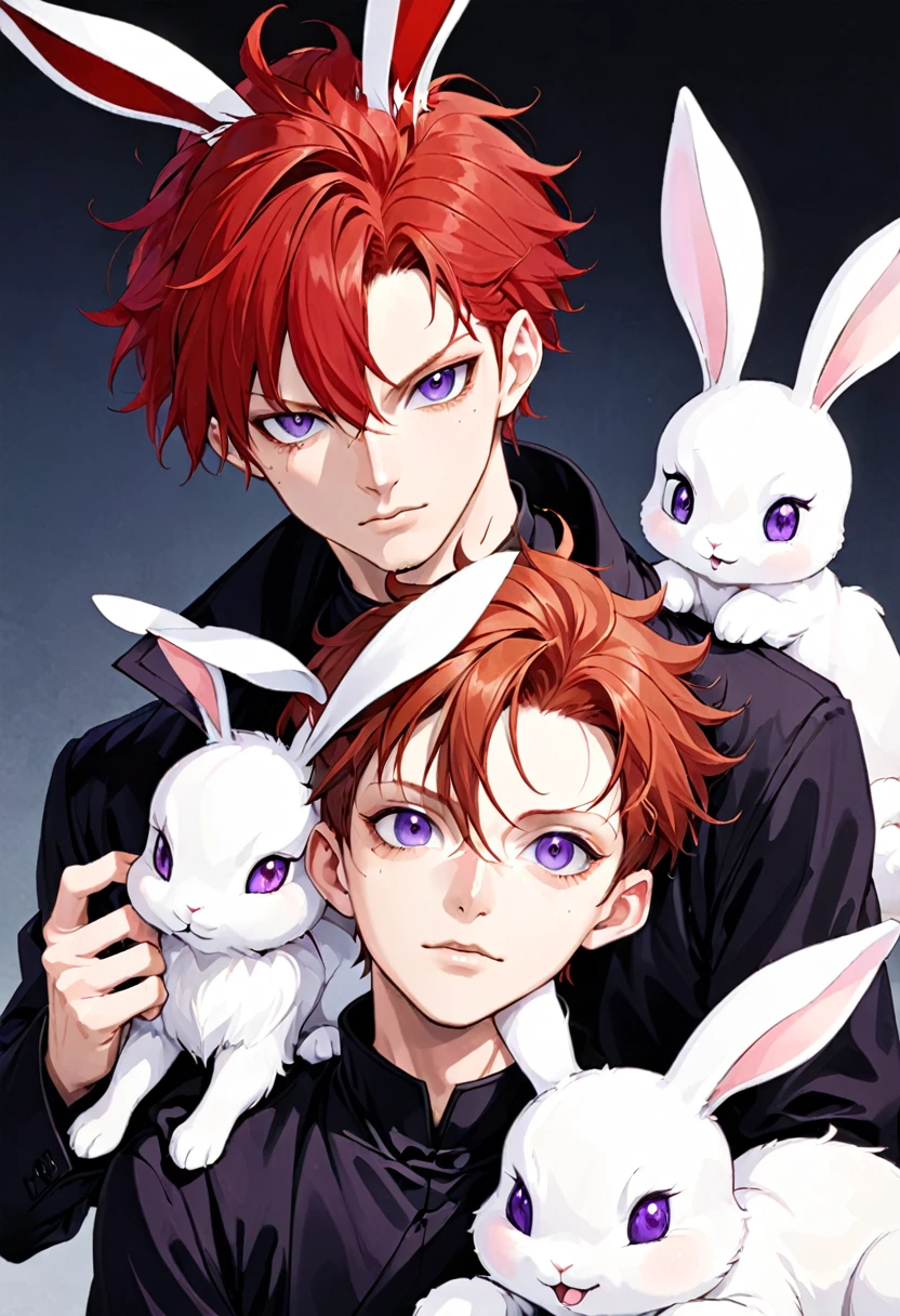 masculine,reddish red hair, with one pupil purple and the other blue,next to white eyelashes,pale skin,with floppy bunny ears and a bunny tail,al estilo jujutsu kaisen 