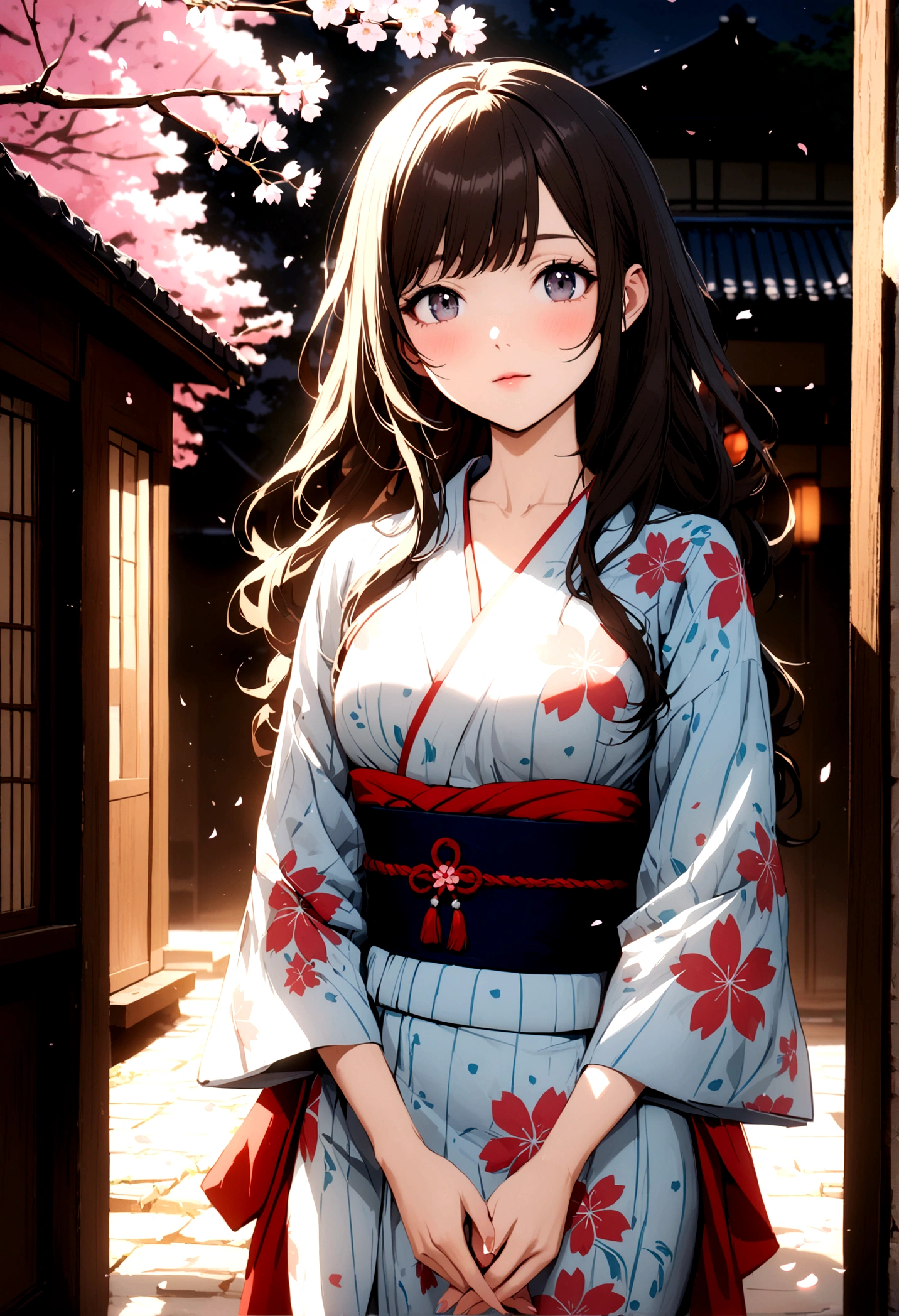 A beautiful young Japanese woman with long brunette hair, wearing a yukata with a cherry blossom pattern