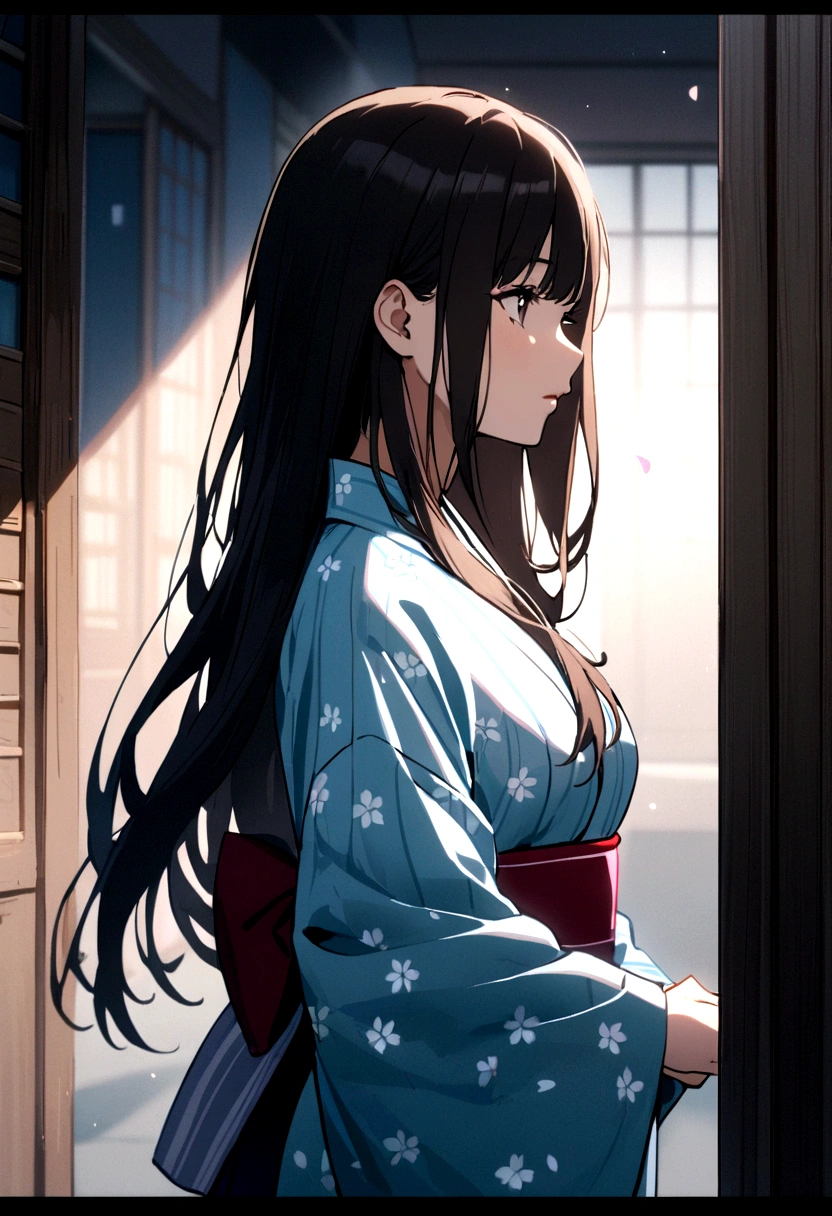 A beautiful young Japanese woman with long brunette hair, wearing a yukata with a cherry blossom pattern 