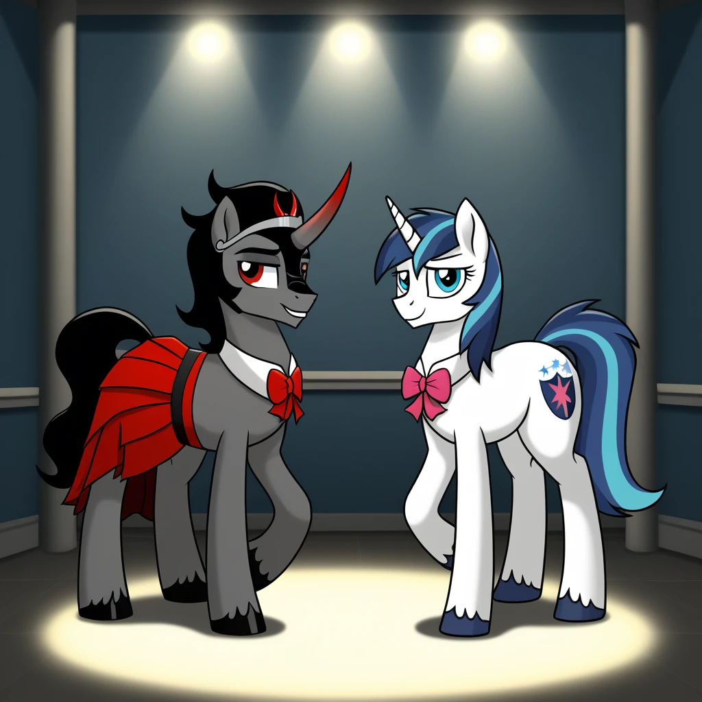 score_9,score_8_up,score_7_up,score_6_up, ((my little pony)) (school uniform), duet, lot of bows, ((very worn-out pussy)), stockings with print, seductive perky big butt, behind view, (shining armor), (king sombra), radiant lighting, vibrant colors, whimsical atmosphere, 8K, high resolution, highly detailed, masterpiece