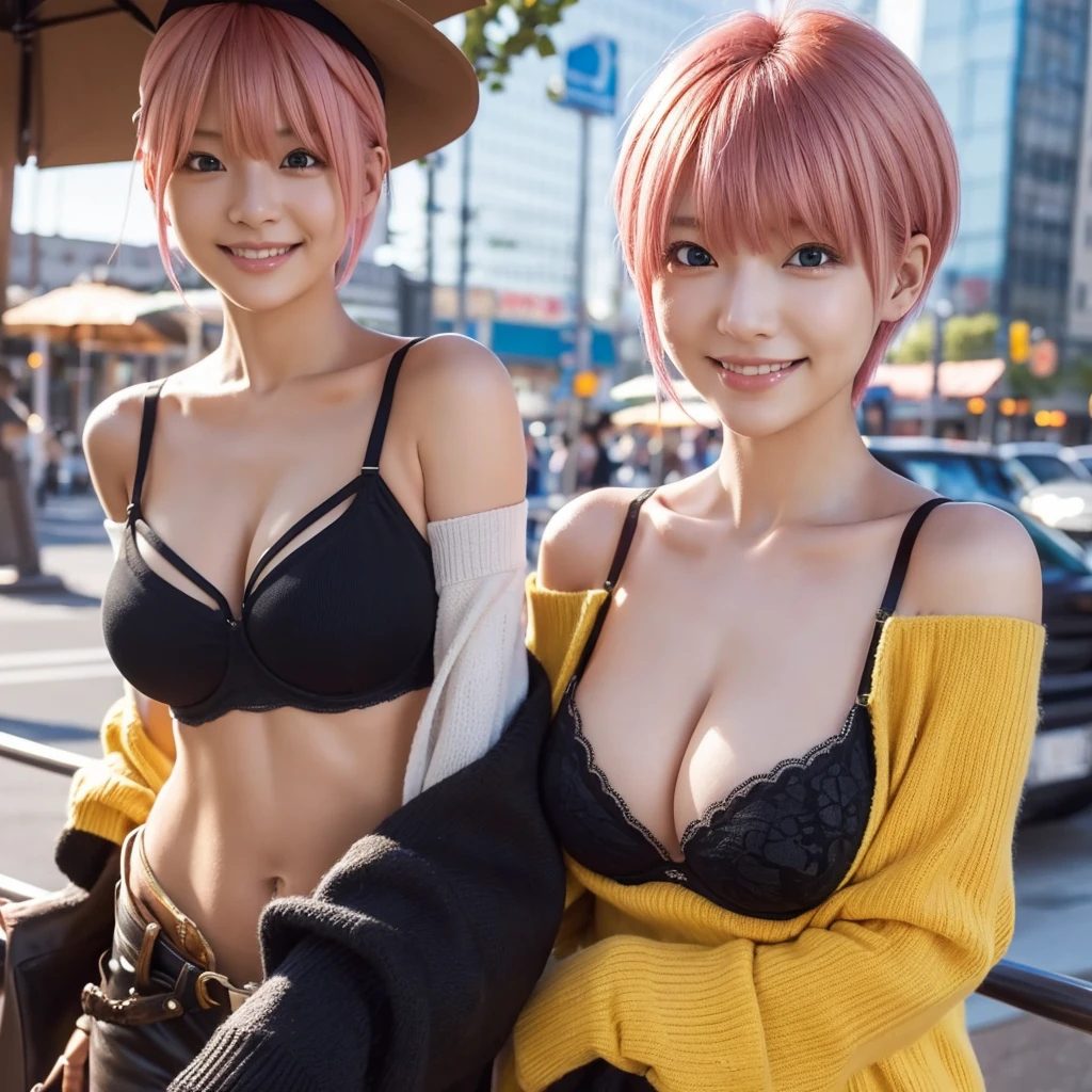 2d, masterpiece, best quality, anime, highly detailed, ((1girl)), (solo), cowboy shot, nakano ichika, pink hair, short hair, yellow sweater, off-shoulder sweater, collarbone, long sleeves, (black bra), medium breasts, smile, outdoors, city
