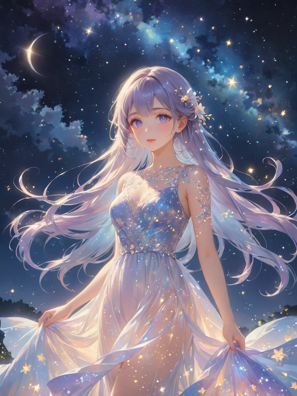 (best quality,4k,8k,highres,masterpiece:1.2),A girl standing alone under the starry night sky, with her silhouette illuminated by the soft moonlight and twinkling stars. Her face is beautifully detailed, with sparkling eyes, long and fluttering eyelashes, and exquisitely defined lips. She is dressed in an elegant gown, flowing and ethereal, embracing her figure gracefully as it glimmers with a subtle celestial glow. The intricate details of her dress catch the faint starlight, creating a mesmerizing sparkle. The surrounding landscape showcases a serene garden, lush with vibrant foliage and colorful flowers. The air is filled with a gentle breeze, causing the leaves to rustle and the flowers to sway delicately. The garden is bathed in a warm, dreamy color palette, with hues of deep blues, purples, and hints of silver. The atmosphere is calm and tranquil, evoking a sense of peace and serenity. The artwork is of the highest quality, meticulously created with ultra-detailed brushstrokes and precise attention to every element. The texture and depth of the painting are breathtaking, with a sense of realism and photorealism that captures the awe-inspiring beauty of the night sky. The lighting is soft and diffused, casting a gentle glow over the entire scene, enhancing the magical ambiance. The girl's presence radiates a sense of mystery and wonder, as if she holds a secret connected to the celestial beings above. The overall composition evokes a feeling of timelessness and captures the essence of a StarSign, an artwork that embodies the celestial beauty and inner strength of a girl in harmony with the stars. (ai-generated:.25),(dsmile:.25)