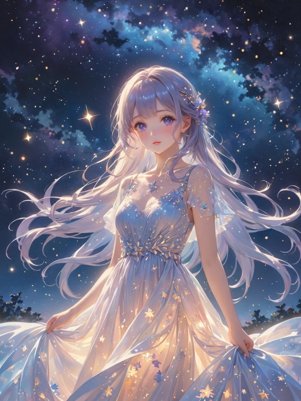 (best quality,4k,8k,highres,masterpiece:1.2),A girl standing alone under the starry night sky, with her silhouette illuminated by the soft moonlight and twinkling stars. Her face is beautifully detailed, with sparkling eyes, long and fluttering eyelashes, and exquisitely defined lips. She is dressed in an elegant gown, flowing and ethereal, embracing her figure gracefully as it glimmers with a subtle celestial glow. The intricate details of her dress catch the faint starlight, creating a mesmerizing sparkle. The surrounding landscape showcases a serene garden, lush with vibrant foliage and colorful flowers. The air is filled with a gentle breeze, causing the leaves to rustle and the flowers to sway delicately. The garden is bathed in a warm, dreamy color palette, with hues of deep blues, purples, and hints of silver. The atmosphere is calm and tranquil, evoking a sense of peace and serenity. The artwork is of the highest quality, meticulously created with ultra-detailed brushstrokes and precise attention to every element. The texture and depth of the painting are breathtaking, with a sense of realism and photorealism that captures the awe-inspiring beauty of the night sky. The lighting is soft and diffused, casting a gentle glow over the entire scene, enhancing the magical ambiance. The girl's presence radiates a sense of mystery and wonder, as if she holds a secret connected to the celestial beings above. The overall composition evokes a feeling of timelessness and captures the essence of a StarSign, an artwork that embodies the celestial beauty and inner strength of a girl in harmony with the stars. (ai-generated:.25),(dsmile:.25)