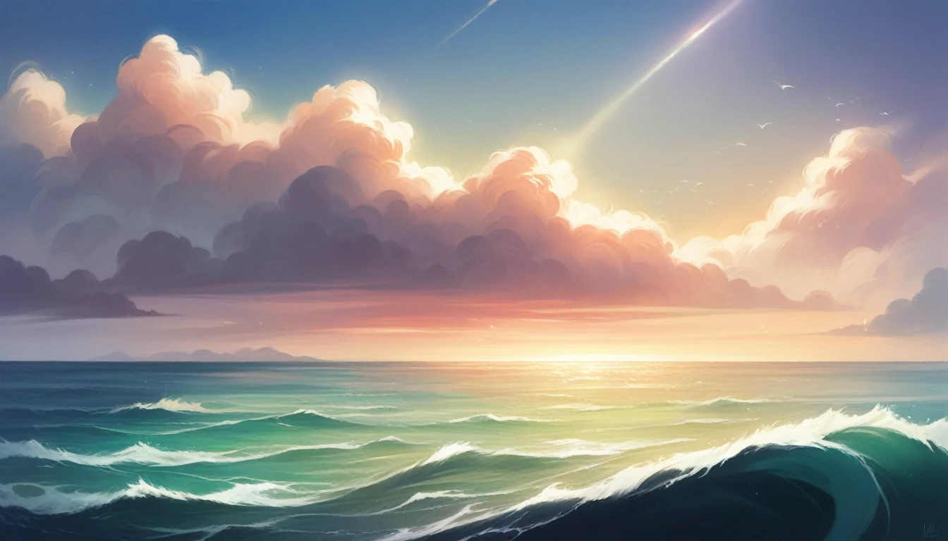 a breathtaking aerial view of the ocean, serene calm waters, clear blue sky, sunlight glimmering on the waves, dramatic lighting, vibrant colors, atmospheric haze, photorealistic, 8k, high quality, cinematic, masterpiece