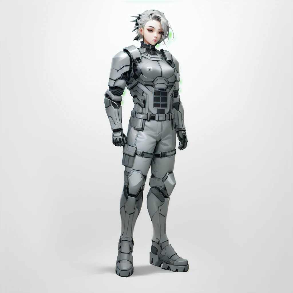 Enhance render style, female full grey uniform, metal grey outfit, dark grey color scheme, monochrome, white background,