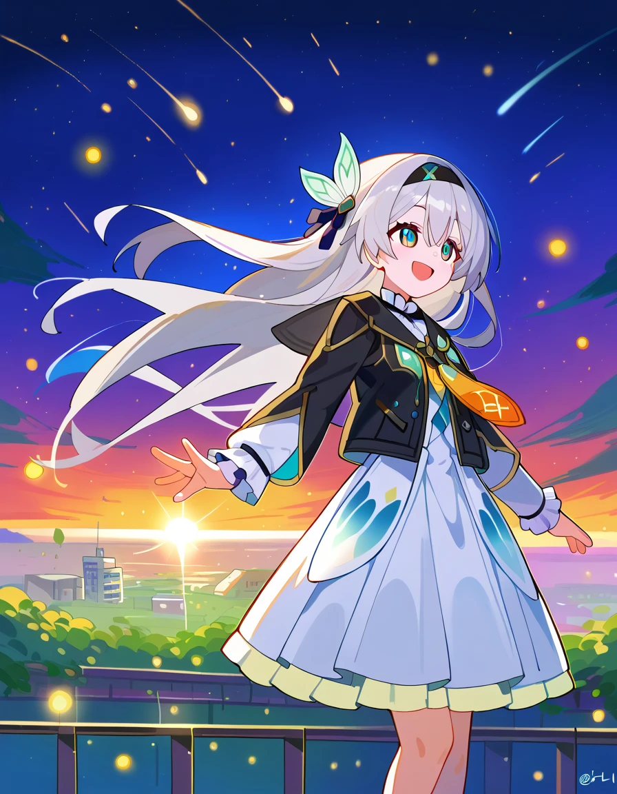 score_9, score_8_superior, score_7_superior, Cityscape, scenery, blue null, sunrise, night, star \(null\), sf, handrail, Lens flare, shooting star,
break
source_anime, (Oshimi, Aztudio:0.5), (Niliu Chahui:0.35), (Asura \(Asurauser\):0.2),
break
(One girl, 一人in, 一人in focus), Firefly Def, Grey Hair, Long Hair, Jacket, dress, hair ornaments, hair band, Happy,
looking at iniewer, hand superior, in,