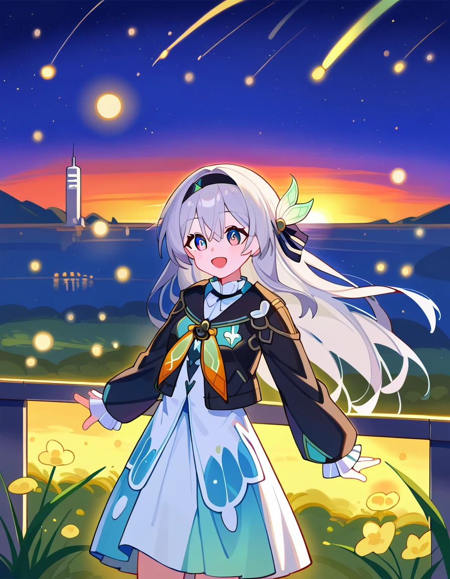 score_9, score_8_superior, score_7_superior, Cityscape, scenery, blue null, sunrise, night, star \(null\), sf, handrail, Lens flare, shooting star, 
break
source_anime, (Oshimi, Aztudio:0.5), (Niliu Chahui:0.35), (Asura \(Asurauser\):0.2), 
break
(One girl, 一人in, 一人in focus), Firefly Def, Grey Hair, Long Hair, Jacket, dress, hair ornaments, hair band, Happy,
looking at iniewer, hand superior, in, 
 