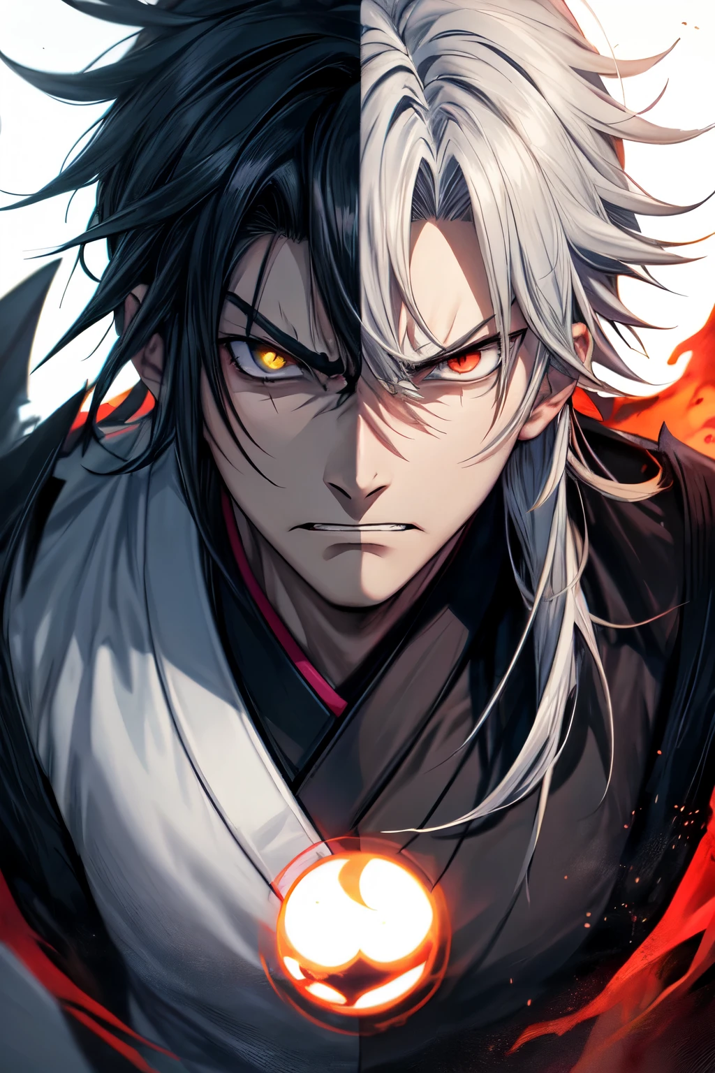 (all japanese anime version) angry boy giving off darkness making dark background with sinister look(that half of his face is dark)
