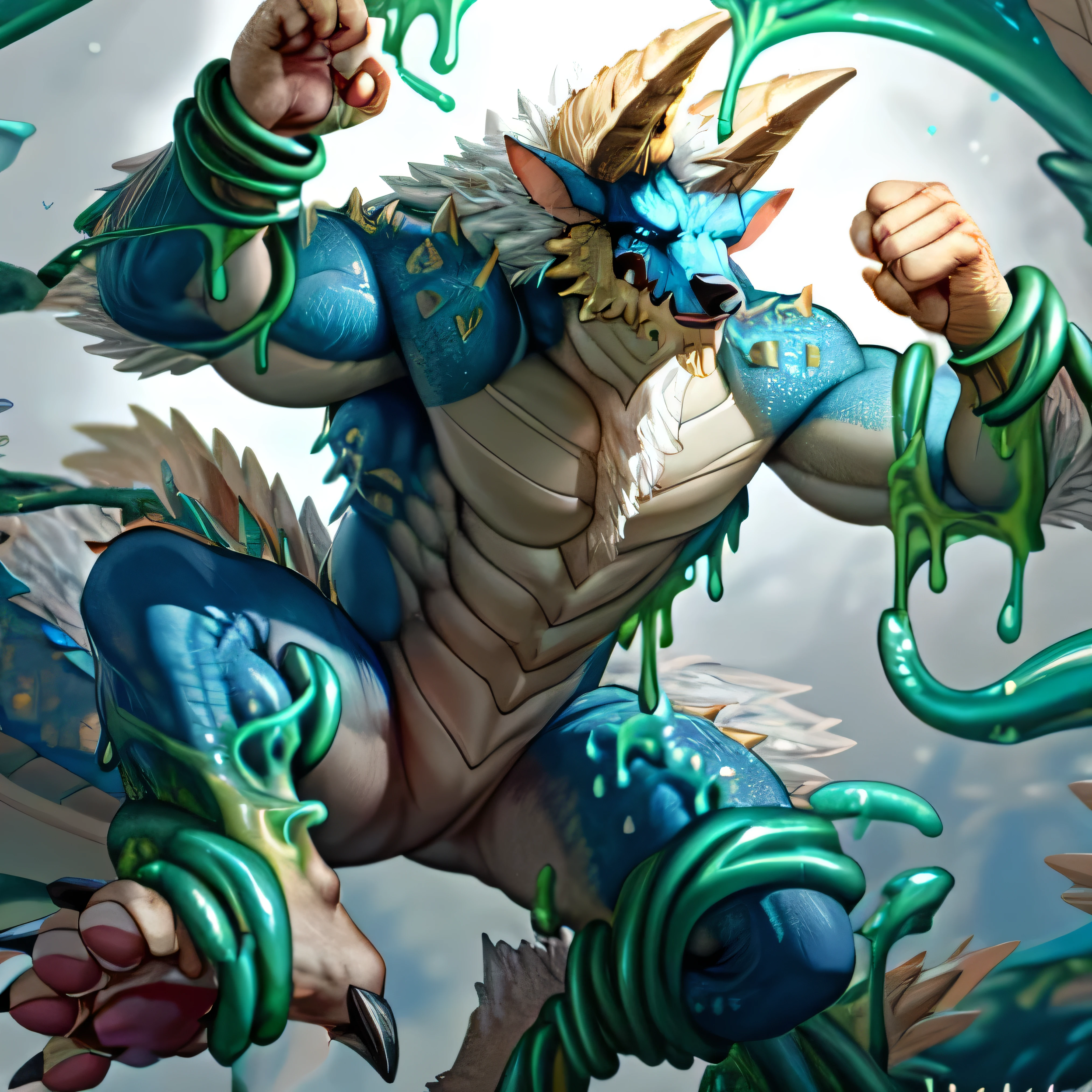 anthropology,(zinogre:1.2),Tail,((whole body,blue eyes, Blue body, White furry, Yellow Hand, Feet, Blue face,4 toes,Tail )),,muscular, whole body, (author：null-ghost,From raccoon21,masterpiece,high quality), Night Fight,((boundary)), rest (((Slime monster uses tentacles to fight dragon))，4 toes，struggle, (pain:1.3)，frown，annoyed, Worry,full body,pawpads,((horns))