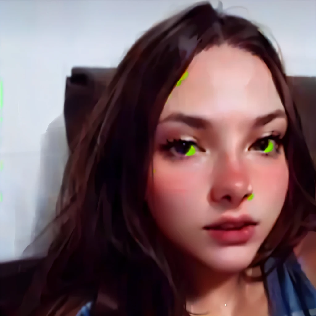 there is a woman with long hair and a blue shirt,  19 years old, retrato sophie mudd, showing her face, she is facing the camera, she has a cute face, vídeo tiktok, big forehead, sexy face, look sexy at the camera, thick lips, webcam images, Complete point of view, russian girlfriend, 2 4 year old female model