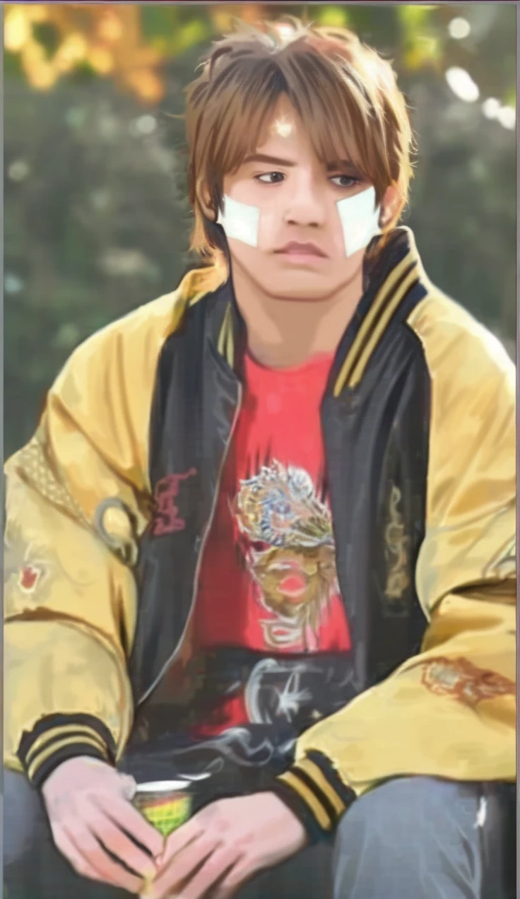 a young anime boy, blond hair, black eyes, wearing a yellow jacket and red t-shirt, hurt expression on his face, detailed facial features, beautifully detailed eyes, emotional expression, intricate clothing folds, dramatic lighting, cinematic composition, vibrant colors, anime art style, digital painting, 8k, high resolution, photorealistic, hyper detailed