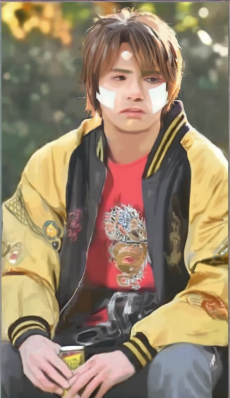 a young anime boy, blond hair, black eyes, wearing a yellow jacket and red t-shirt, hurt expression on his face, detailed facial features, beautifully detailed eyes, emotional expression, intricate clothing folds, dramatic lighting, cinematic composition, vibrant colors, anime art style, digital painting, 8k, high resolution, photorealistic, hyper detailed
