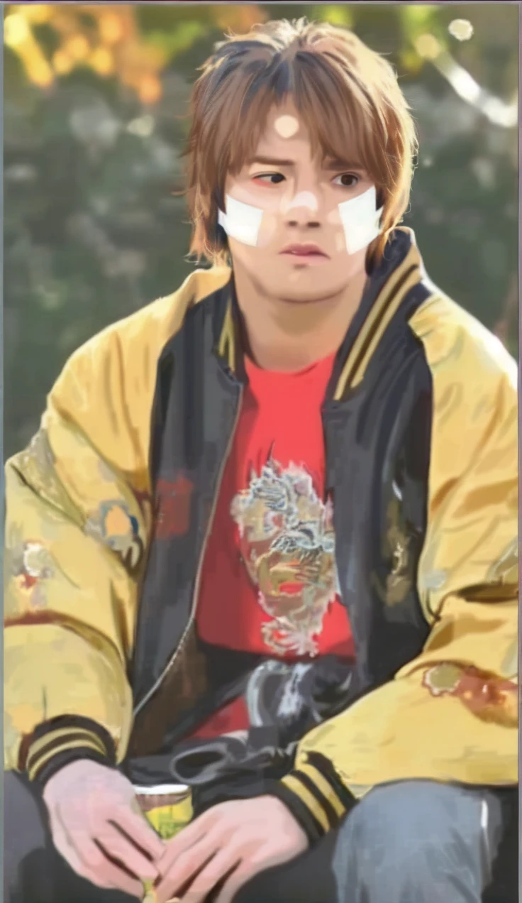 a young anime boy, blond hair, black eyes, wearing a yellow jacket and red t-shirt, hurt expression on his face, detailed facial features, beautifully detailed eyes, emotional expression, intricate clothing folds, dramatic lighting, cinematic composition, vibrant colors, anime art style, digital painting, 8k, high resolution, photorealistic, hyper detailed