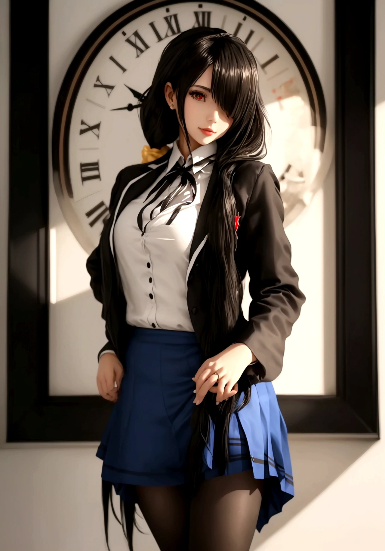 ultra-detailed,highly detailed,best quality,masterpiece,illustration, 
A woman is depicted in the image wearing a short skirt and a white shirt. She has long hair and is accessorized with a black tie. The woman is standing in what appears to be a room with a clock visible in the background. The primary colors in the image include shades of brown and beige with accents of black. The woman''s outfit gives off a professional yet stylish vibe. The image captures her in a close-up shot, focusing on her attire and overall appearance. The setting suggests a formal or business-like environment.