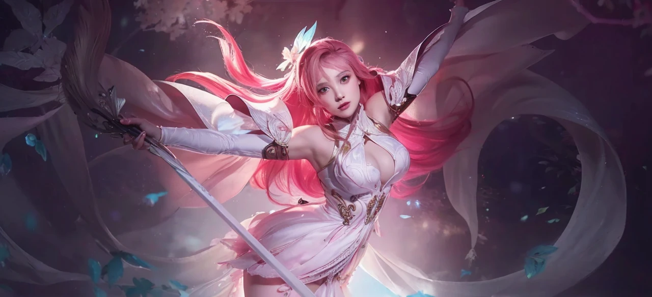 a girl with pink long hair,beautiful detailed eyes,beautiful detailed lips,extremely detailed face,longeyelashes,wearing a white pink dress,carrying a magic wand,(best quality,4k,8k,highres,masterpiece:1.2),ultra-detailed,(realistic,photorealistic,photo-realistic:1.37),cinematic lighting,intricate details,ethereal,radiant,glowing,dreamlike,fantasy,magical