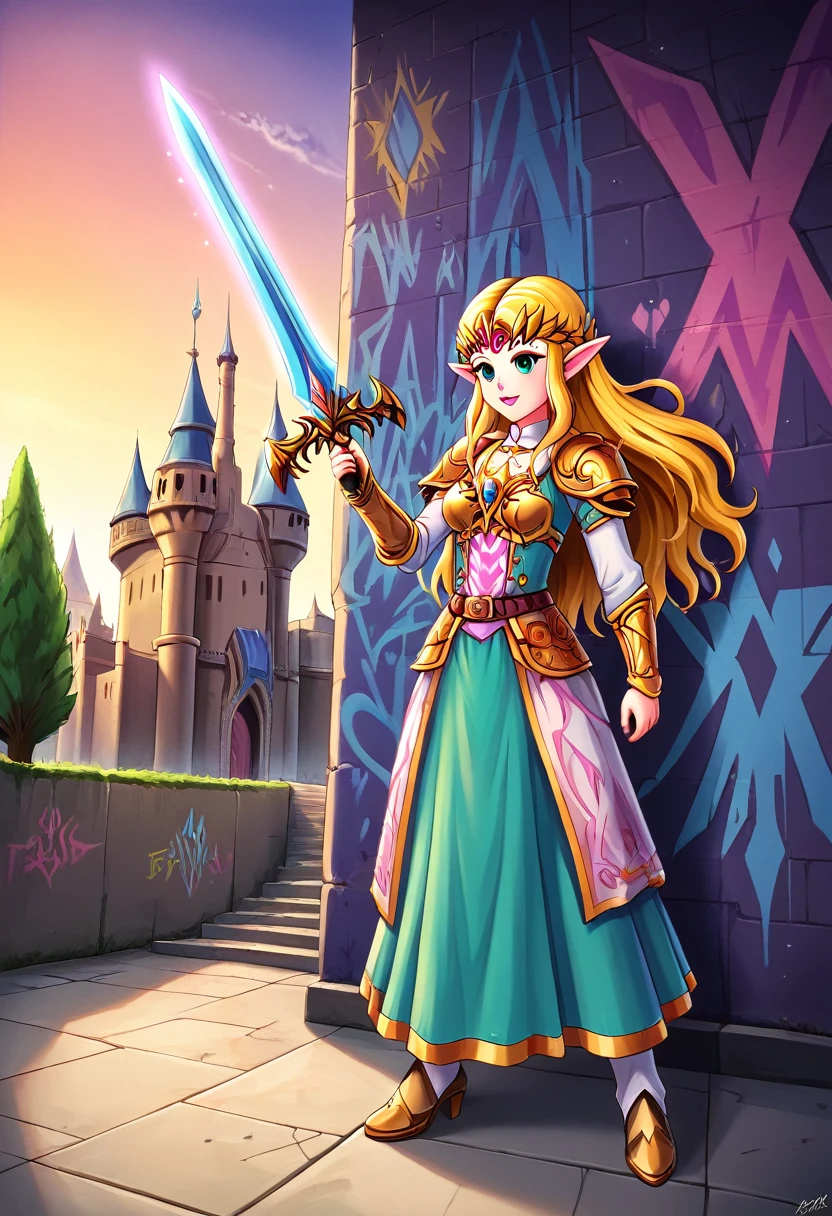 a  graffiti painting art on the wall of the castle of Princess Zelda on the wall of a castle, ,Princess Zelda (intense details, Masterpiece, best quality: 1.5), wearing intricate green dress, delicate diamond crow, ultra detailed face, ultra feminine, fair skin, exquisite beauty, gold hair, long hair, wavy hair, small pointed ears, dynamic eyes color, wearing heavy green and white armor, shinning metal, armed with elven sword, ais-graffiti, chumbasket art style, graffiti art, Wielding sword