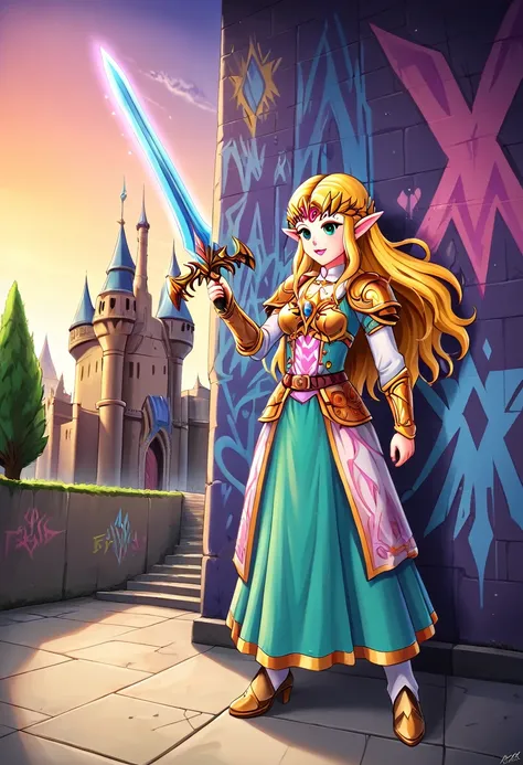 a  graffiti painting art on the wall of the castle of princess zelda on the wall of a castle, ,princess zelda (intense details, ...