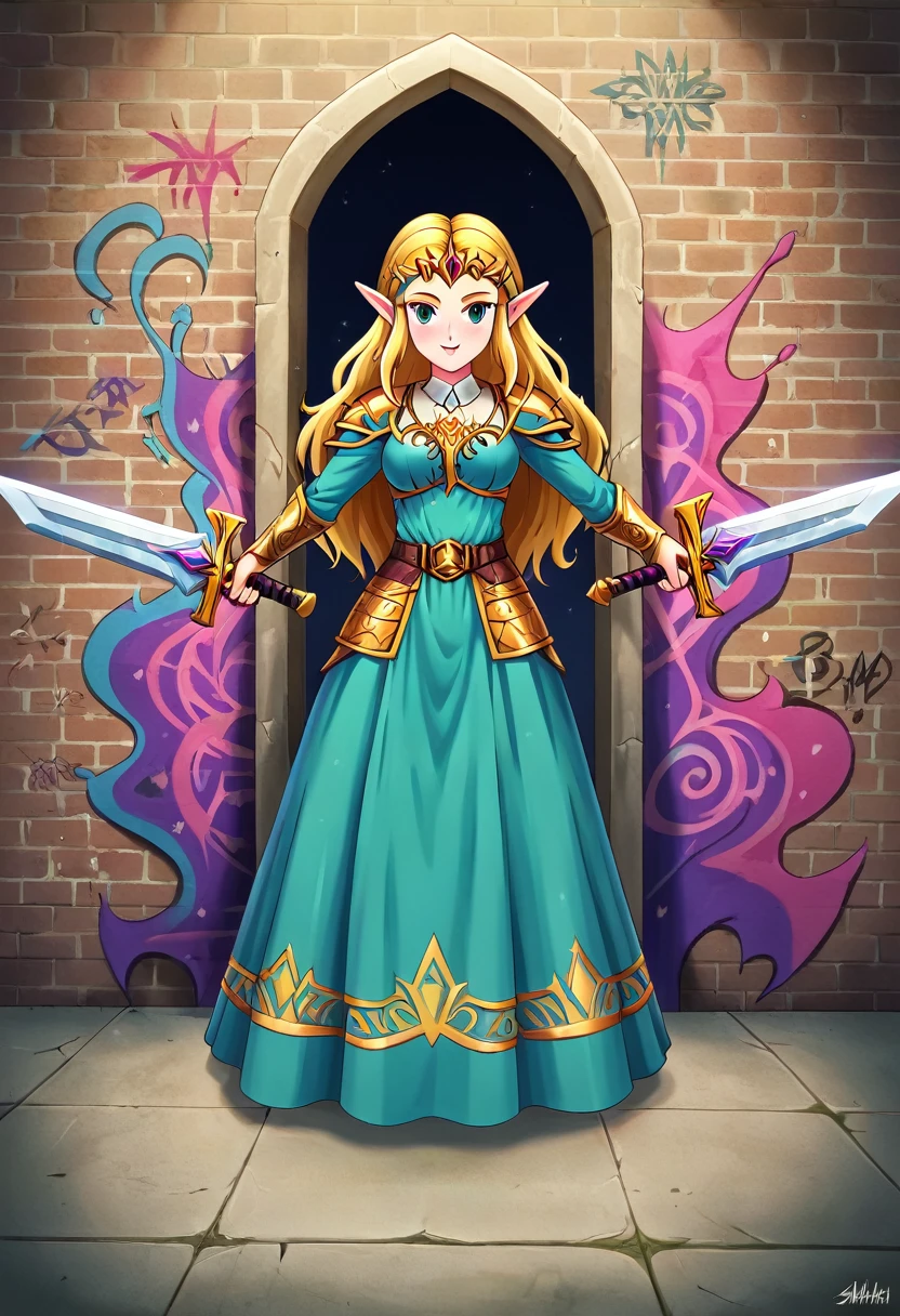 a  graffiti painting art on the wall of the castle of Princess Zelda on the wall of a castle, ,Princess Zelda (intense details, Masterpiece, best quality: 1.5), wearing intricate green dress, delicate diamond crow, ultra detailed face, ultra feminine, fair skin, exquisite beauty, gold hair, long hair, wavy hair, small pointed ears, dynamic eyes color, wearing heavy green and white armor, shinning metal, armed with elven sword, ais-graffiti, chumbasket art style, graffiti art, Wielding sword