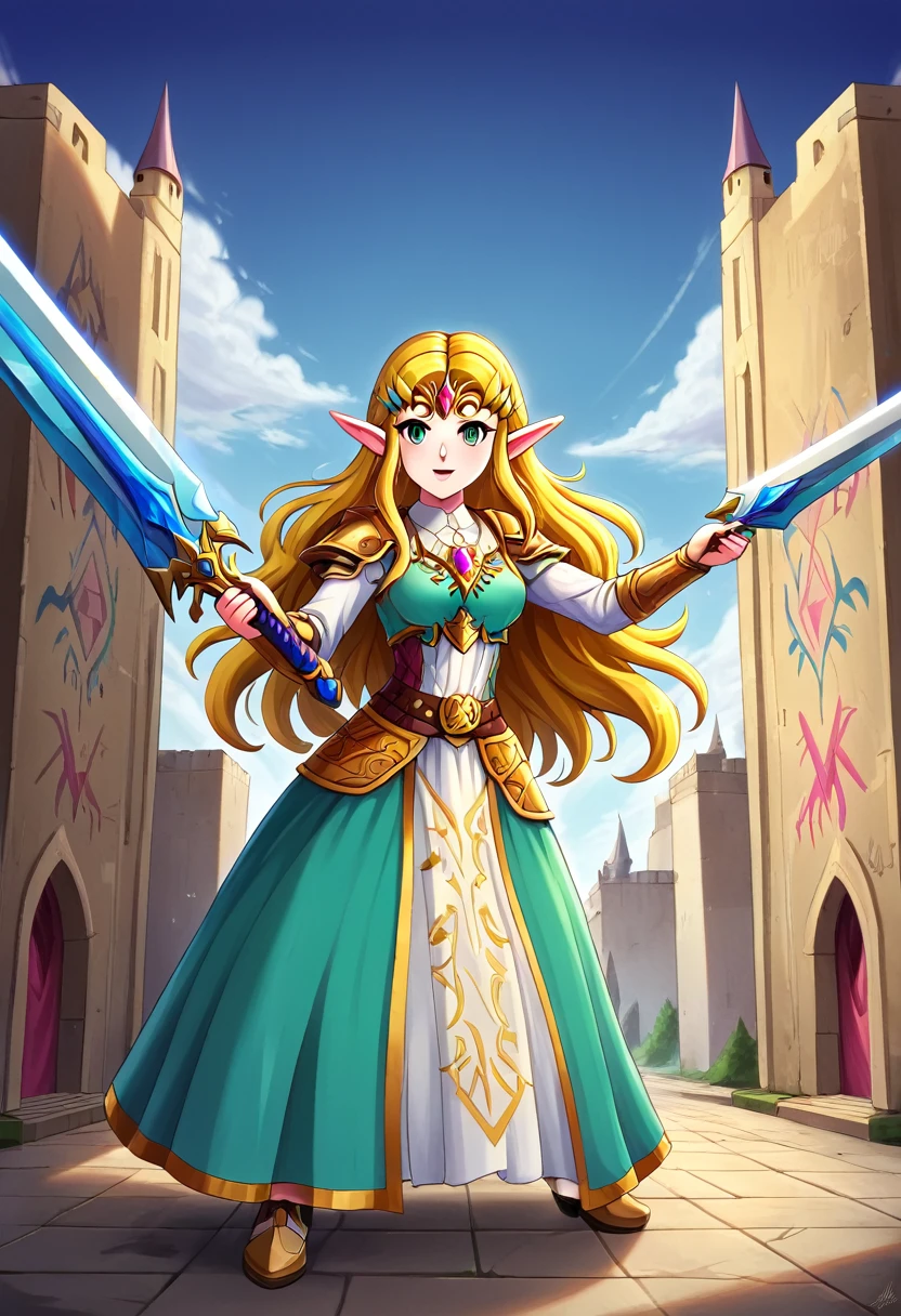 a  graffiti painting art on the wall of the castle of Princess Zelda on the wall of a castle, ,Princess Zelda (intense details, Masterpiece, best quality: 1.5), wearing intricate green dress, delicate diamond crow, ultra detailed face, ultra feminine, fair skin, exquisite beauty, gold hair, long hair, wavy hair, small pointed ears, dynamic eyes color, wearing heavy green and white armor, shinning metal, armed with elven sword, ais-graffiti, chumbasket art style, graffiti art, Wielding sword