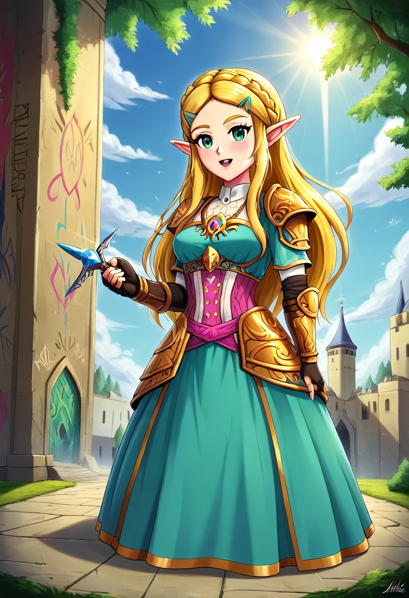 a  graffiti painting art on the wall of the castle of Princess Zelda on the wall of a castle, ,Princess Zelda (intense details, Masterpiece, best quality: 1.5), wearing intricate green dress, delicate diamond crow, ultra detailed face, ultra feminine, fair skin, exquisite beauty, gold hair, long hair, wavy hair, small pointed ears, dynamic eyes color, wearing heavy green and white armor, shinning metal, armed with elven sword, ais-graffiti, chumbasket art style, graffiti art, Wielding sword