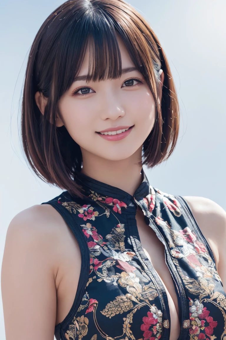 1 Girl, (Wearing colorful stage costumes:1.2), Very beautiful Japanese idol portraits, Face close-up, (RAW Photos, Highest quality), (Realistic, Realistic:1.4), (masterpiece), Very delicate and beautiful, Very detailed, 2k wallpaper, wonderful, finely, Very detailed CG Unity 8K wallpaper, Very detailed, High resolution, Soft Light, Beautiful detailed girl, Very detailed目と顔, Beautiful and sophisticated nose, Beautiful and beautiful eyes, Cinema Lighting, (Simple light color background:1.3), (short hair), (Bob), Complete Anatomy, Slender body, Small breasts, smile、In town