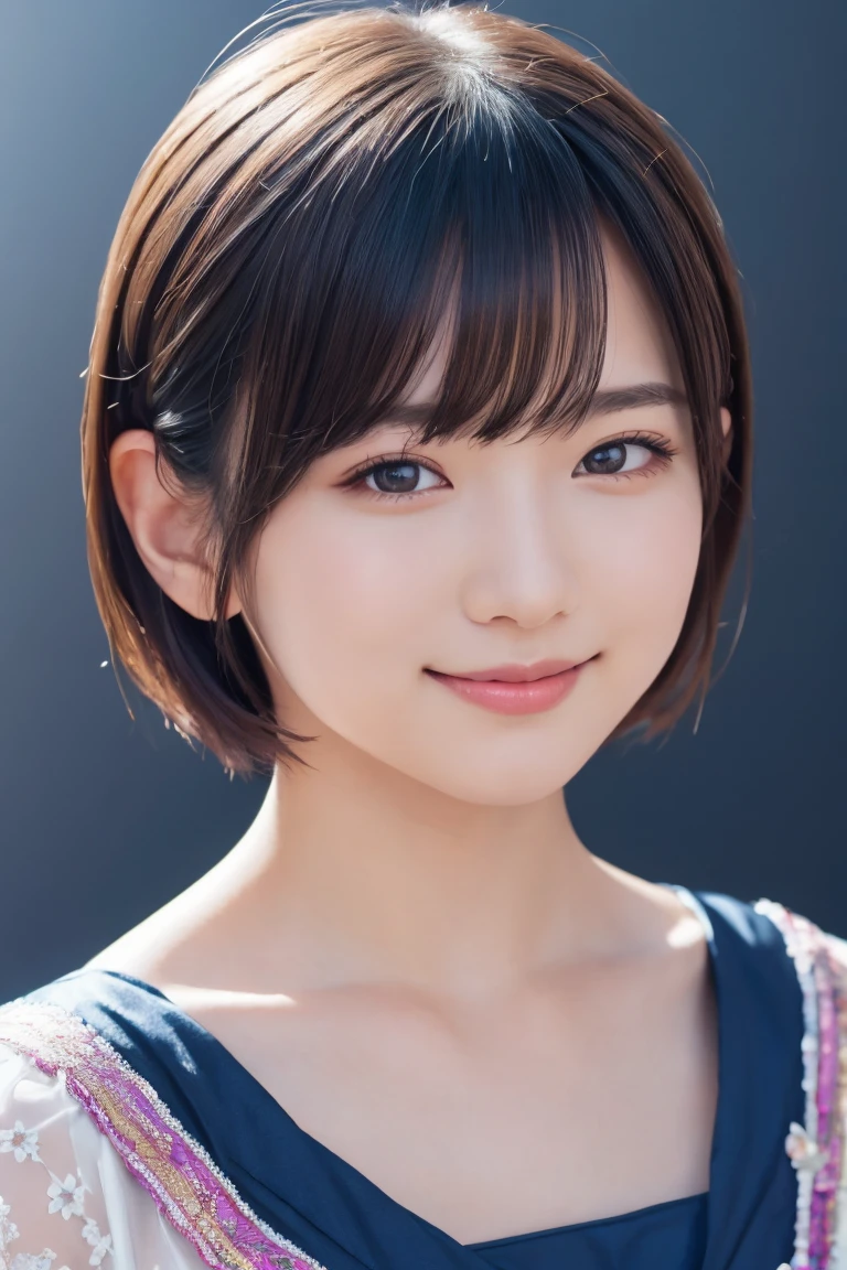 1 Girl, (Wearing colorful stage costumes:1.2), Very beautiful Japanese idol portraits, Face close-up, (RAW Photos, Highest quality), (Realistic, Realistic:1.4), (masterpiece), Very delicate and beautiful, Very detailed, 2k wallpaper, wonderful, finely, Very detailed CG Unity 8K wallpaper, Very detailed, High resolution, Soft Light, Beautiful detailed girl, Very detailed目と顔, Beautiful and sophisticated nose, Beautiful and beautiful eyes, Cinema Lighting, (Simple light color background:1.3), (short hair), (Bob), Complete Anatomy, Slender body, Small breasts, smile、In town