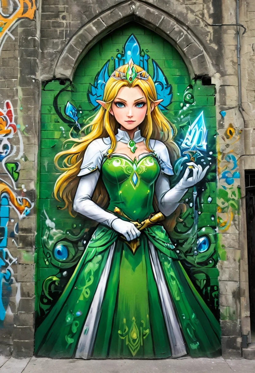 a  graffiti painting art on the wall of the castle of Princess Zelda on the wall of a castle, ,Princess Zelda (intense details, Masterpiece, best quality: 1.5), wearing intricate green dress, delicate diamond crow, ultra detailed face, ultra feminine, fair skin, exquisite beauty, gold hair, long hair, wavy hair, small pointed ears, dynamic eyes color, wearing heavy green and white armor, shinning metal, armed with elven sword, ais-graffiti, chumbasket art style, graffiti art, Wielding sword