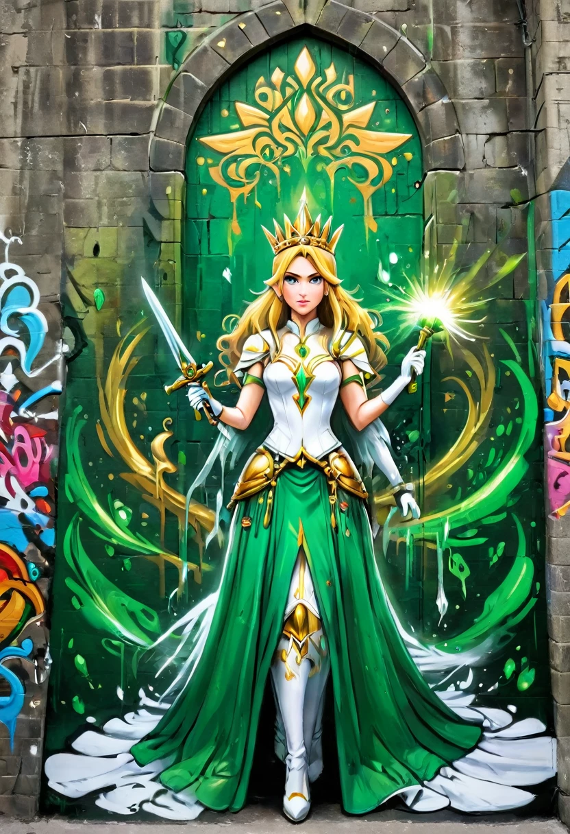 a  graffiti painting art on the wall of the castle of Princess Zelda on the wall of a castle, ,Princess Zelda (intense details, Masterpiece, best quality: 1.5), wearing intricate green dress, delicate diamond crow, ultra detailed face, ultra feminine, fair skin, exquisite beauty, gold hair, long hair, wavy hair, small pointed ears, dynamic eyes color, wearing heavy green and white armor, shinning metal, armed with elven sword, ais-graffiti, chumbasket art style, graffiti art, Wielding sword