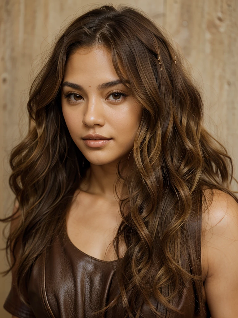 beautiful latina woman with wavy blonde hair, caramel colored leather, Brown eyes
