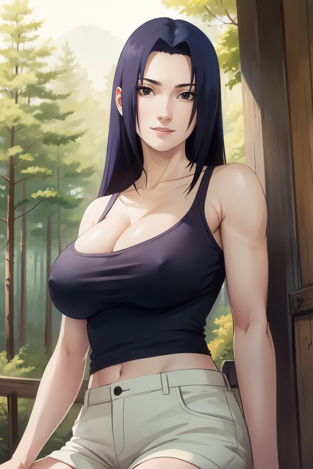 Mikoto Uchiha, oil painting, ultra-detailed, realistic, portrait, vivid colors, soft lighting, (best quality,4k,8k,highres,masterpiece:1.2), (big round breasts:1.5), professional, long black hair, black eyes, beautiful detailed eyes and face, extremely detailed smile, long eyelashes, looking at viewer, very short top, big ass, bare shoulders, white shorts, outdoors, forest, cowboy shot, clavicle.