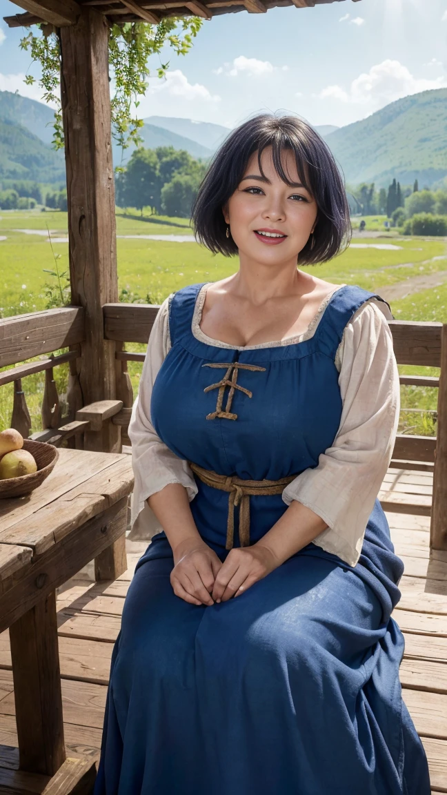 (best quality), (masterpiece), (hyper real)、ancient peasant woman、[ancient Nordic BC time], [nordic women in agriculture]、sweaty、(wear skin-colored fabric)、 Huge　mature Beautiful woman　High level image quality　High resolution　realistic、blondes、blondesの女性、mature woman、middle-aged women、((big big skin texture、超High resolution、wear skin-colored fabric、realistic、Chubby body type、laughter、beauty of middle age、beautiful expression、[dark-blue hair]、tongue's out naughtily、Very delicate and delicate skin texture、45 yo ancient peasant woman、((I&#39;Village square meters))、women in agriculture、big cleavage、plunging neckline、big red lips、(wear skin-colored fabric)、BREAK、 (sitting side-by-side with elderly older granpa old guy:1.2), BREAK, settings: ancient BC