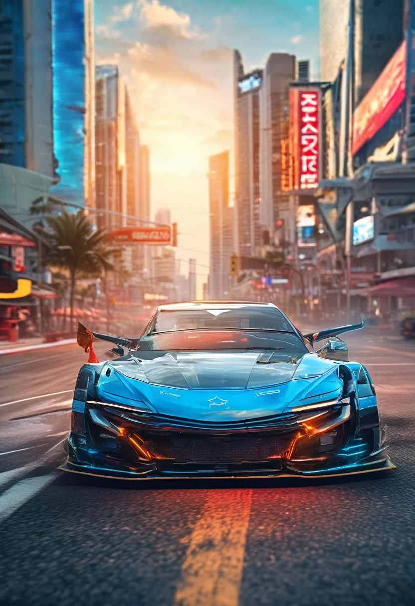 Sports car racing down cyberpunk Miami city, Cyberpunk Car wallpaper, bright sunny day, beautiful cloudy sky, perfect car anatomy and proportions, streets neon signs and debris, exciting epic action camera, masterpiece quality phone wallpaper, sharp details, (masterpiece:1.2) (photorealistic:1.2) (bokeh) (best quality) (intricate) (8k) (HDR) (cinematic lighting) (sharp focus)