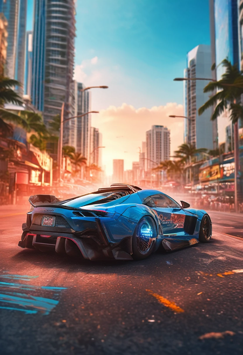 Sports car racing down cyberpunk Miami city, Cyberpunk Car wallpaper, bright sunny day, beautiful cloudy sky, perfect car anatomy and proportions, streets neon signs and debris, exciting epic action camera, masterpiece quality phone wallpaper, sharp details, (masterpiece:1.2) (photorealistic:1.2) (bokeh) (best quality) (intricate) (8k) (HDR) (cinematic lighting) (sharp focus)