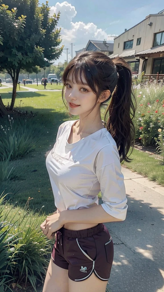 artist logo, 1girl, red shorts, long hair, black hair, smile, bangs, shirt, purple eyes, sleeves, gym uniform, ponytail, white shirt, shorts, looking at another, breasts, short hair, wavy, looking at viewer, collarbone, brown hair, gym shorts, cowboy shot, teeth, gym shirt, upper teeth only, outdoors, (masterpiece,best quality)