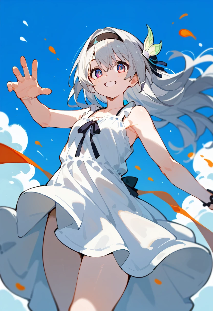 (One girl, alone, alone focus),
fire Fly, Sundress , head band, hair ornaments, Silver Hair,
Dynamic pose ,
smile,
From below