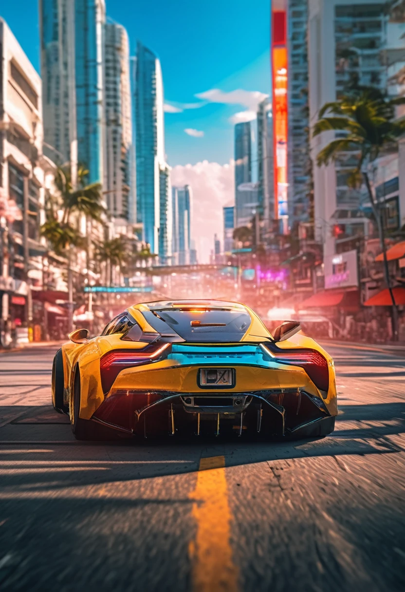 Sports car racing down cyberpunk Miami city, Cyberpunk Car wallpaper, bright sunny day, beautiful cloudy sky, perfect car anatomy and proportions, streets neon signs and debris, exciting epic action camera, masterpiece quality phone wallpaper, sharp details, (masterpiece:1.2) (photorealistic:1.2) (bokeh) (best quality) (intricate) (8k) (HDR) (cinematic lighting) (sharp focus)