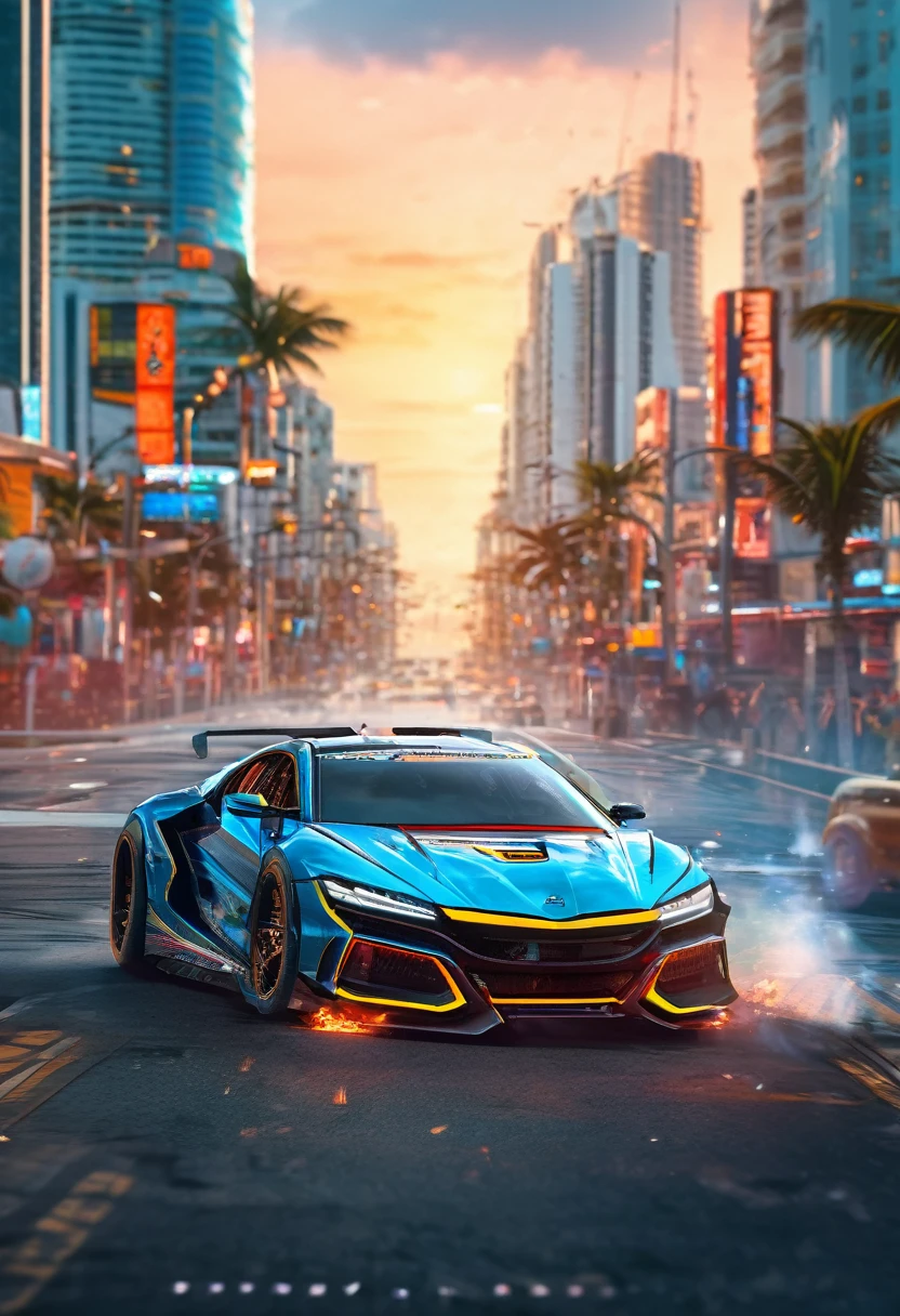 Sports car racing down cyberpunk Miami city, Cyberpunk Car wallpaper, bright sunny day, beautiful cloudy sky, perfect car anatomy and proportions, streets neon signs and debris, exciting epic action camera, masterpiece quality phone wallpaper, sharp details, (masterpiece:1.2) (photorealistic:1.2) (bokeh) (best quality) (intricate) (8k) (HDR) (cinematic lighting) (sharp focus)
