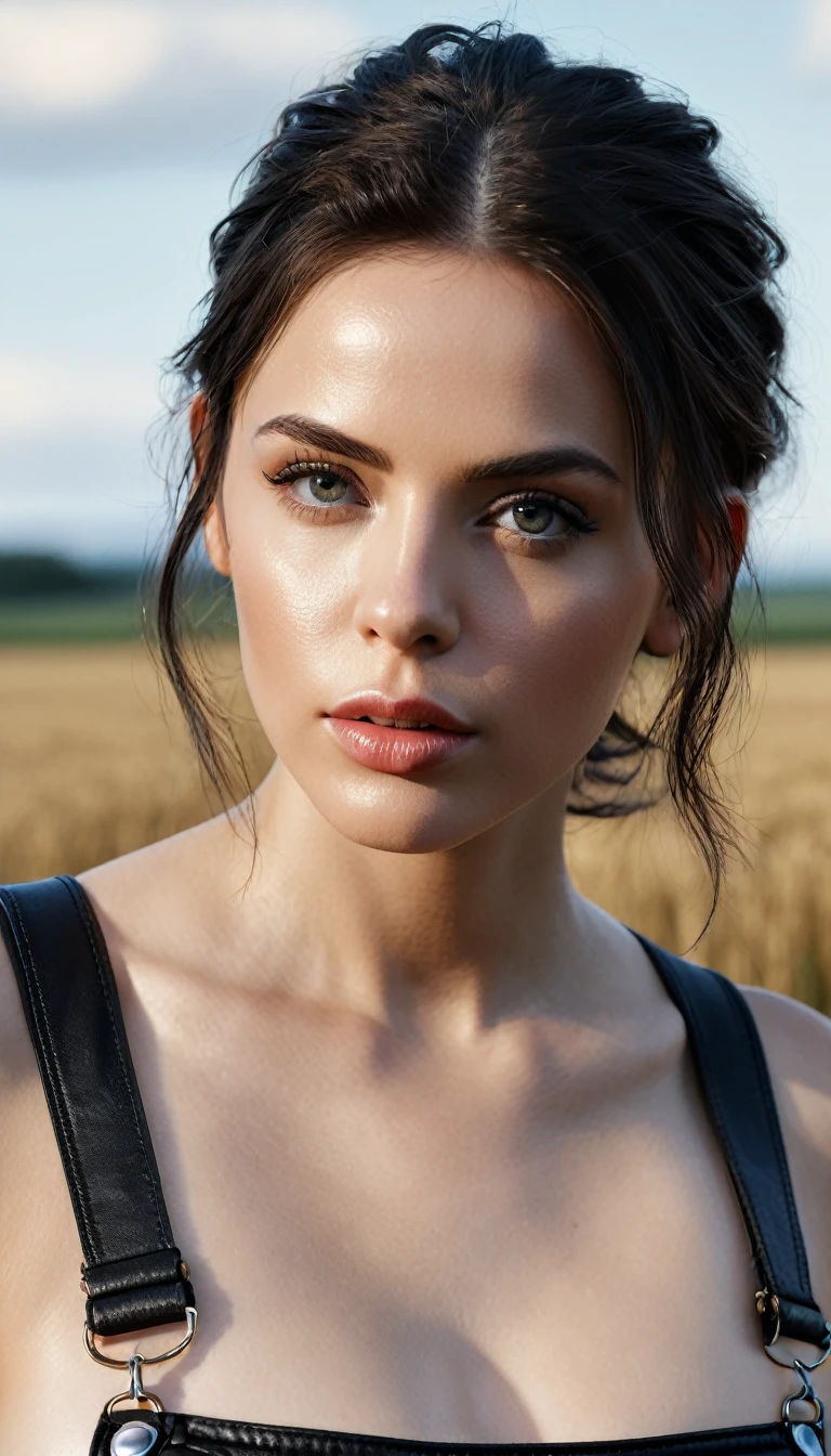 8K, masterpiece, RAW-Foto, best quality, photorealestic, extrem detailliertes CG Unity 8K-Hintergrundbild, depth of field, cinematic light, Lens reflection, Raytracing, (Extremely beautiful face, Beautiful lips, beautiful eyes), Face with intricate details ((ultra-detailed skin)), (Very thin, slim and muscular body: 1.3), Bikini Top, (black leather dungarees:1.2), Full body shots, Viewers look at, Background in a field, sfw:1.1