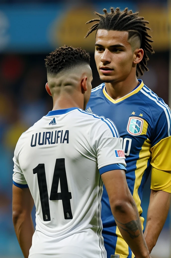 Create a photo of a young man watching a match of the Colombian national team vs Uruguay with the Colombian national team shirt that has the number 10 on the back and the name Walter on the top of the shirt, preferably the young man has wavy hair and with the mohawk cut 