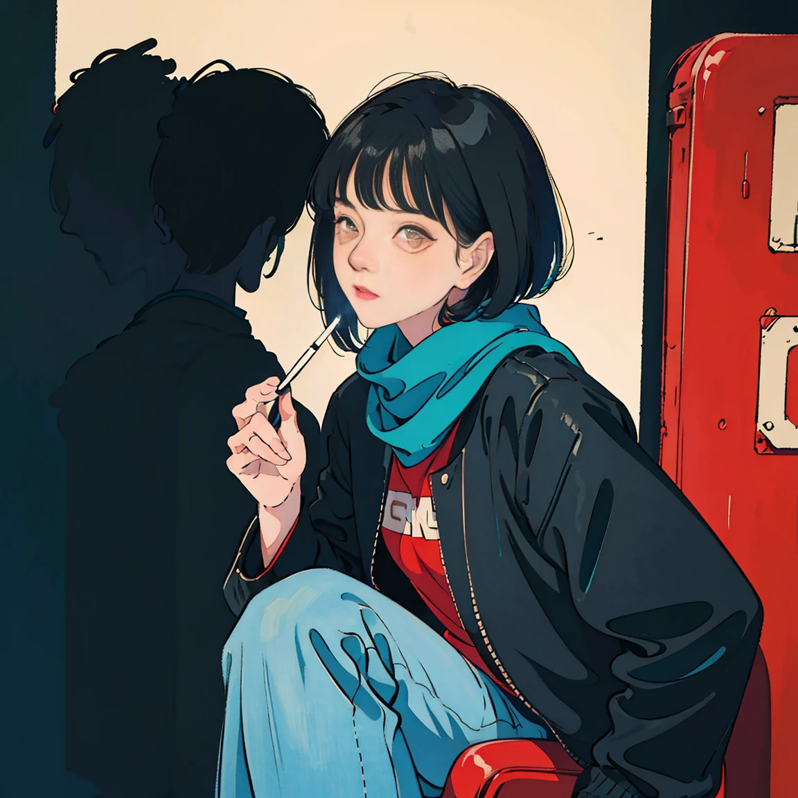 Stunning and beautiful dark haired Asian girl holding a cigarette, Denim pants、black jacket、scarf、red scooter, perfect face, black jacket, neon black, (Backlight included: 1.1), solid shadow, masterpiece, best quality, complicated, model shooting style, vintage, film grain, Incomplete details、natural body、profile、photo taken from afar
