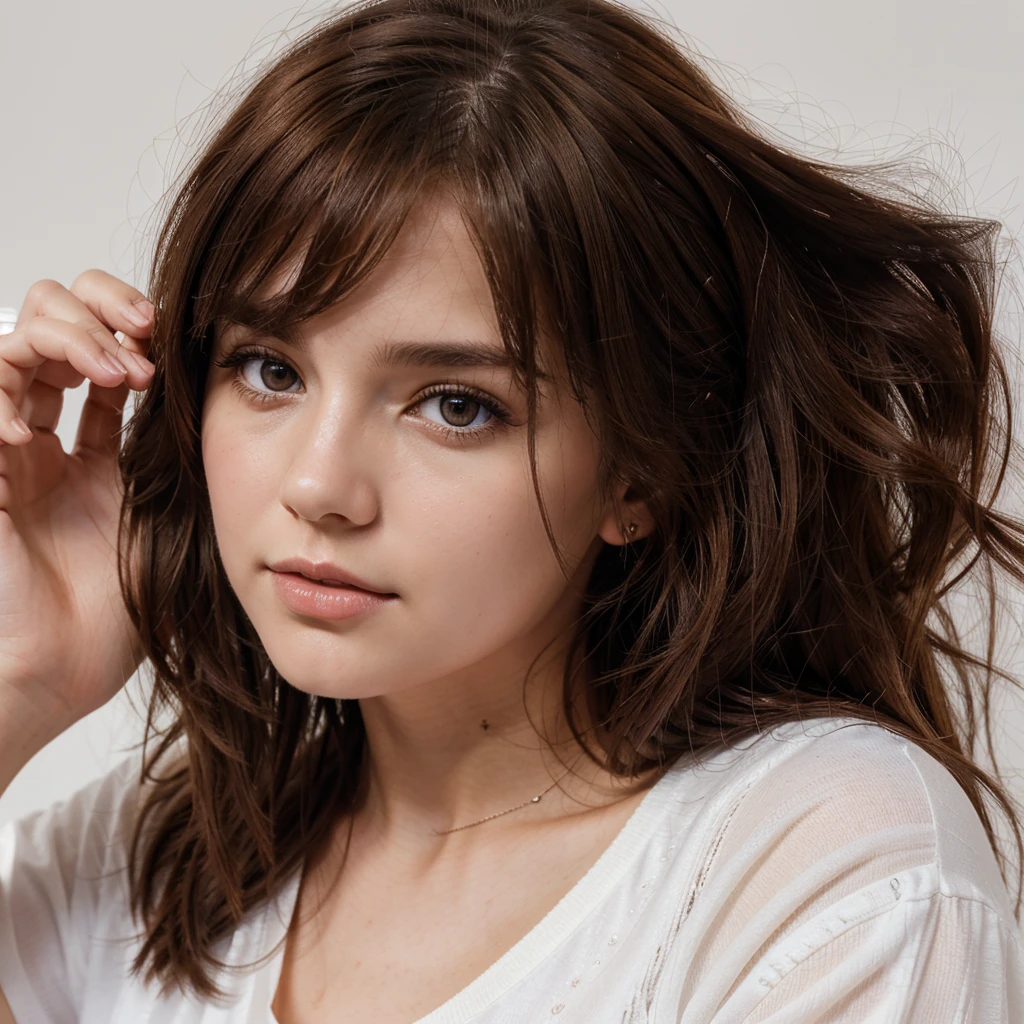 (1 girl), Masterpiece, Best Quality, an extremely pretty girl, beautiful face very detailed, looking at the viewer, 1 girl, belt, close up, looking at the viewer, 4k, high resolution, Love, wild fog, blush, to throw, two tailed hair, White background, simple background, thick outline, purple eyes, (sleep), Brown hair, Chibi, expression of love,  ((Brown hair)), (blood),