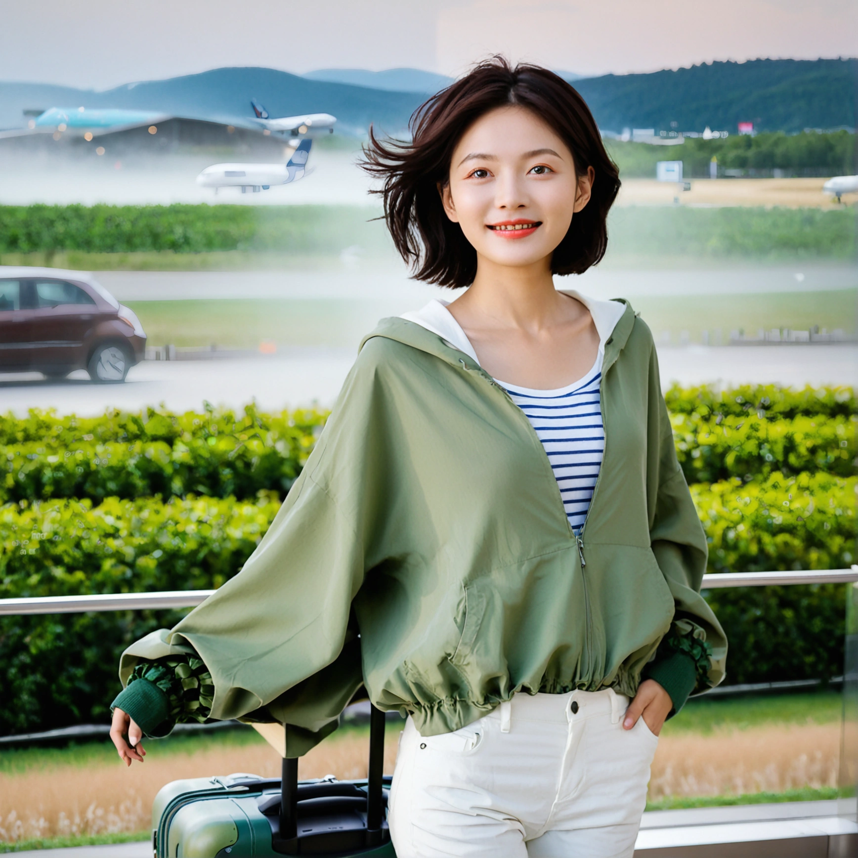 beautiful korean girl , 32 inch chest size, Your eyes are big and pretty. Short in stature. Standing in the departure hall of the airport. . short medium hair, Standing in line at the departure hall of Frankfurt Airport, Germany. He wore a white shirt, a green jumper, and white casual pants.s.Dragging a suitcase. short medium hair, short height, Full body shot with Canon camera 16-35 wide angle lens, short medium hair. smile. uhd