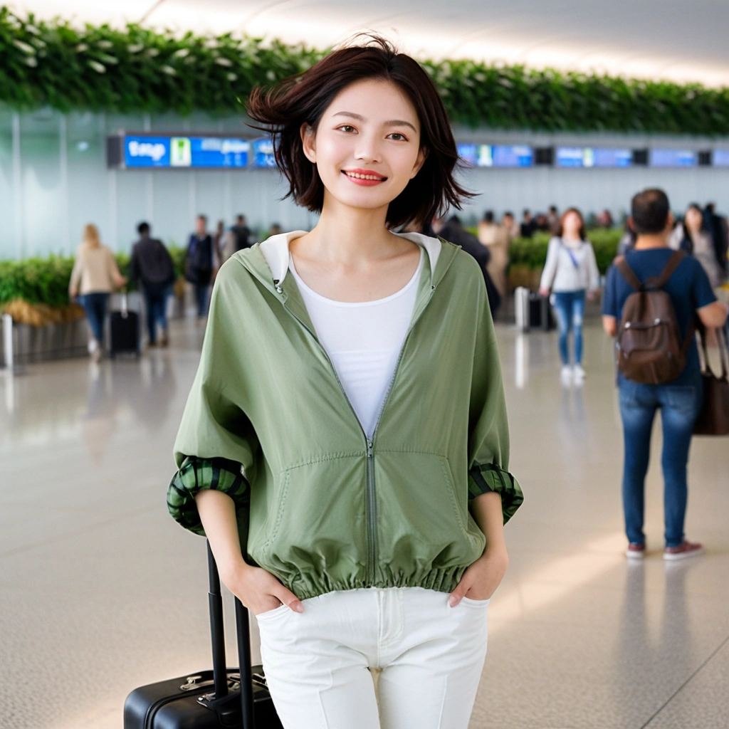 beautiful korean girl , 32 inch chest size, Your eyes are big and pretty. Short in stature. Standing in the departure hall of the airport. . short medium hair, Standing in line at the departure hall of Frankfurt Airport, Germany. He wore a white shirt, a green jumper, and white casual pants.s.Dragging a suitcase. short medium hair, short height, Full body shot with Canon camera 16-35 wide angle lens, short medium hair. smile. uhd
