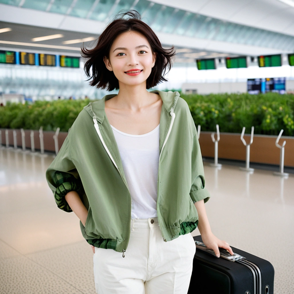 beautiful korean girl , 32 inch chest size, Your eyes are big and pretty. Short in stature. Standing in the departure hall of the airport. . short medium hair, Standing in line at the departure hall of Frankfurt Airport, Germany. He wore a white shirt, a green jumper, and white casual pants.s.Dragging a suitcase. short medium hair, short height, Full body shot with Canon camera 16-35 wide angle lens, short medium hair. smile. uhd