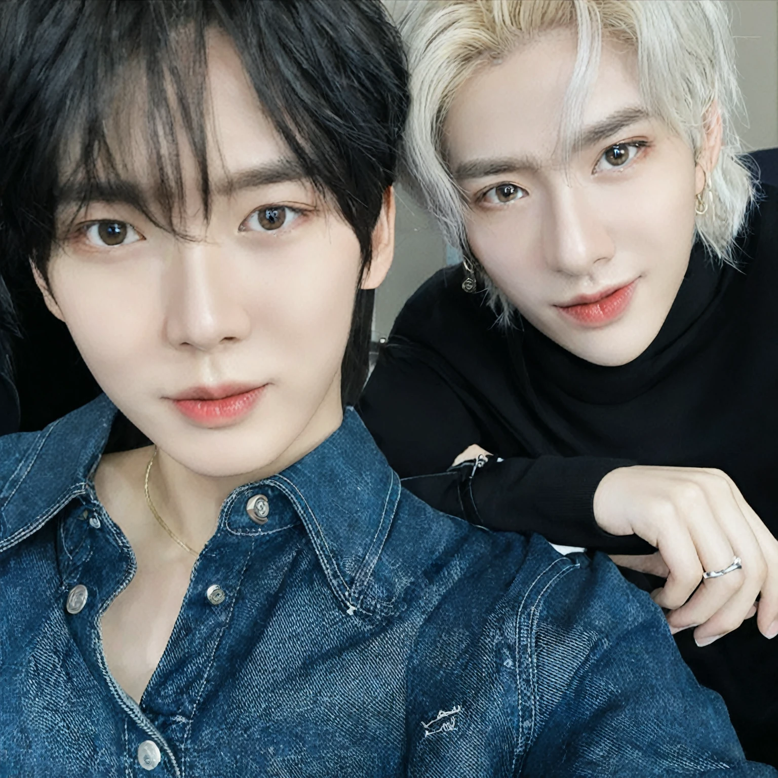 there are two people posing for a photo together, nixeu and Sakimichan, cai xukun, xqc, Sakimichan, Jinyoung Shin, Kim Doyoung, sakimichan and frank franzzeta, with black, Ulzzang spacious, 8K selfie photograph, jia, all from the group nct, 8K))